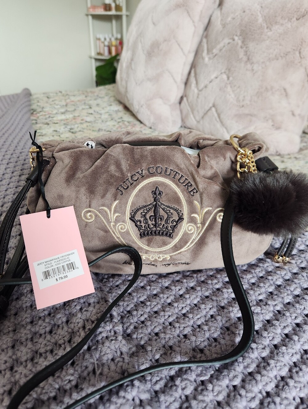 Juicy Couture Taupe Velvet Crossbody Bag with Pom Charm